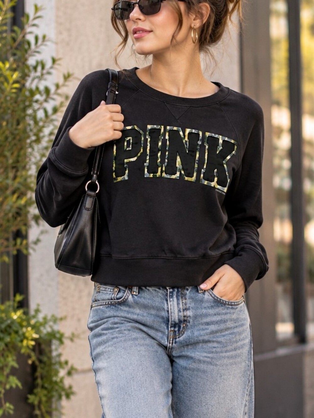 PINK Victoria's Secret Y2K Black Camo Logo Crewneck Sweatshirt Size M